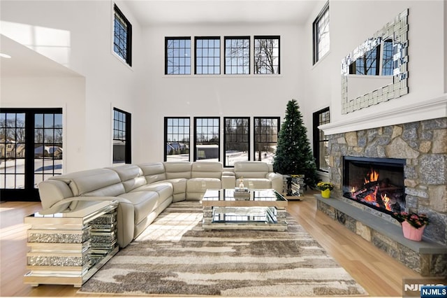 living area with a fireplace and wood finished floors