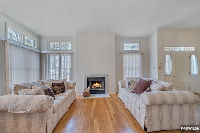 living room featuring a fireplace with flush hearth and light wood-type flooring