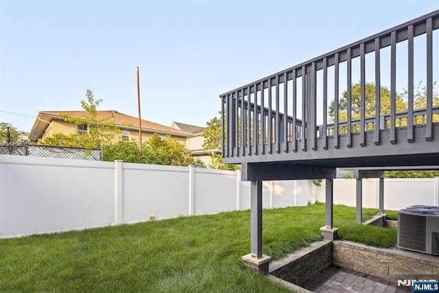 view of yard with a fenced backyard and central air condition unit