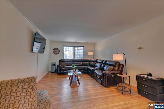 living room featuring ornamental molding, light wood-type flooring, and baseboards