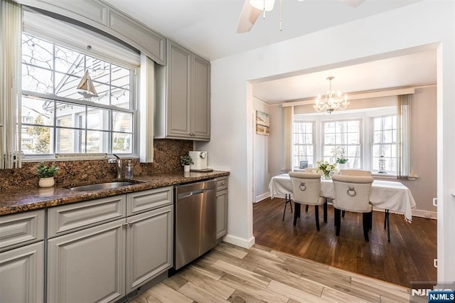 kitchen featuring a sink, light wood-style floors, decorative backsplash, dishwasher, and dark stone countertops