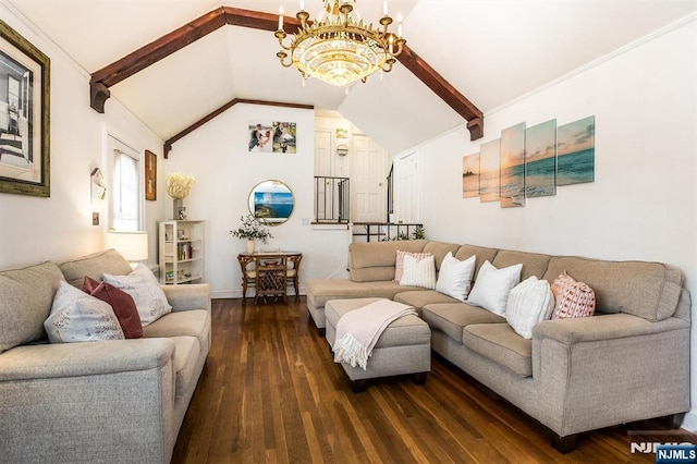 living room with vaulted ceiling with beams, an inviting chandelier, stairs, and dark wood-style flooring