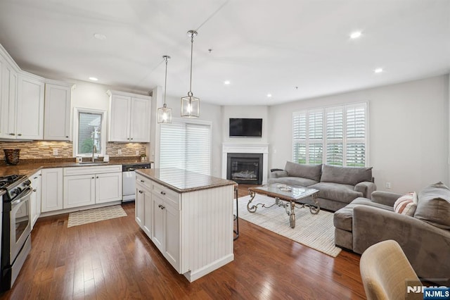 kitchen with dishwashing machine, open floor plan, a sink, and gas range