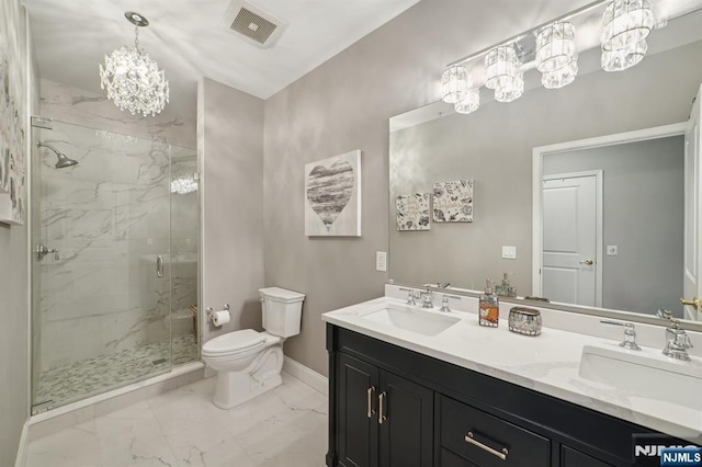 full bathroom with toilet, a sink, visible vents, marble finish floor, and a marble finish shower