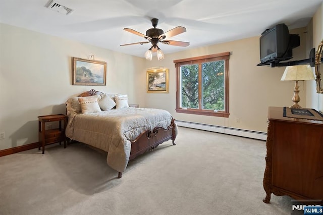 bedroom featuring a baseboard radiator, visible vents, a ceiling fan, light carpet, and baseboards