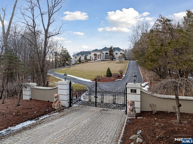 view of gate featuring a fenced front yard and a lawn