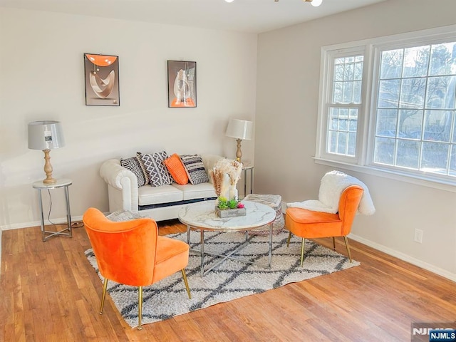 living area with plenty of natural light, baseboards, and wood finished floors