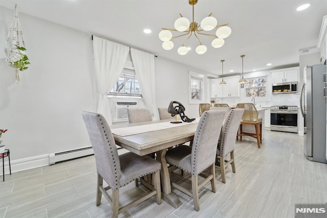 dining area featuring a notable chandelier, recessed lighting, baseboard heating, cooling unit, and baseboards