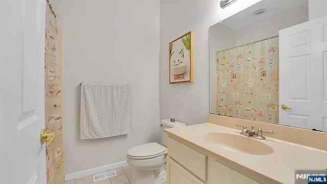 full bath with baseboards, visible vents, toilet, tile patterned floors, and vanity