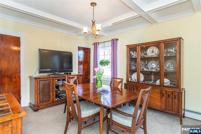 dining space with a chandelier, a baseboard radiator, light colored carpet, coffered ceiling, and crown molding