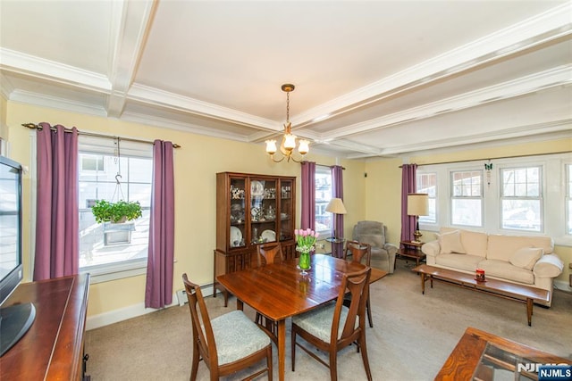 dining space featuring a notable chandelier, crown molding, light colored carpet, coffered ceiling, and beamed ceiling