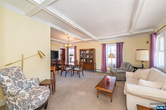 living area featuring light carpet, coffered ceiling, beam ceiling, and an inviting chandelier