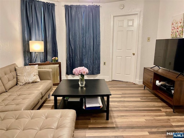 living room with baseboards, wood finished floors, and a textured wall