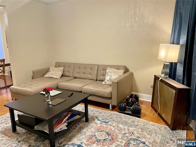 living area with a textured wall, wood finished floors, and baseboards