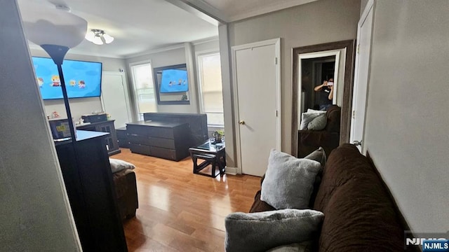 living area featuring light wood-style floors and crown molding