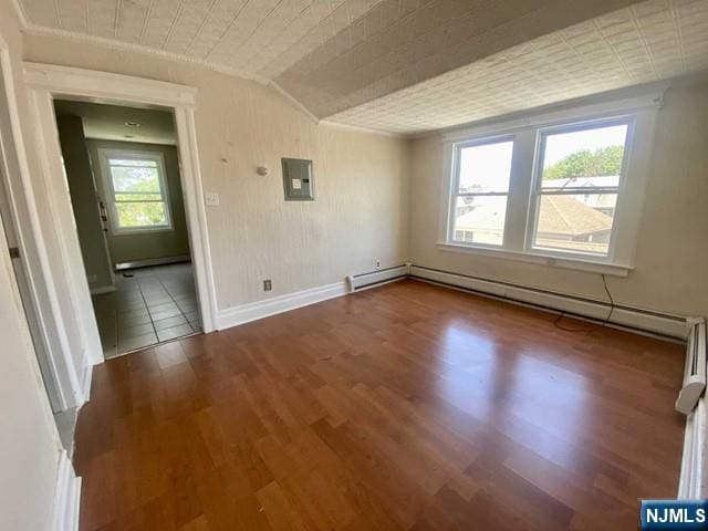 unfurnished room with a baseboard radiator, baseboard heating, vaulted ceiling, wood finished floors, and electric panel