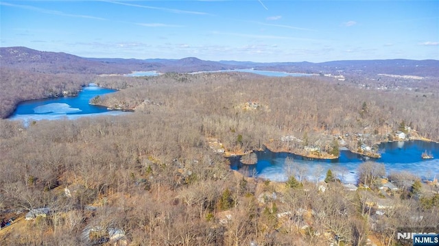 drone / aerial view featuring a water and mountain view and a wooded view