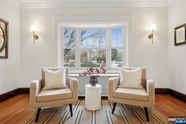 living area featuring light wood-style floors, radiator, crown molding, and baseboards