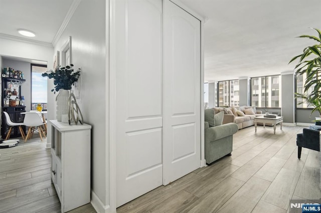 hallway with ornamental molding, wood tiled floor, plenty of natural light, and baseboards