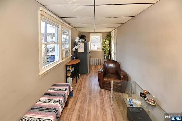 interior space featuring radiator heating unit, wood finished floors, and a paneled ceiling