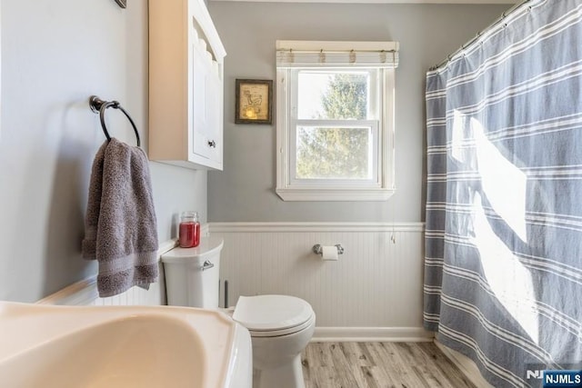 bathroom with curtained shower, toilet, a wainscoted wall, wood finished floors, and a sink