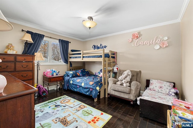 bedroom with ornamental molding and wood tiled floor