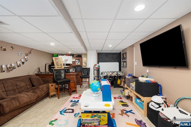 recreation room featuring recessed lighting, visible vents, and a paneled ceiling