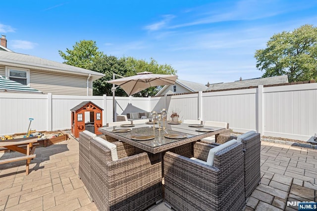 view of patio / terrace with a fenced backyard and outdoor dining space