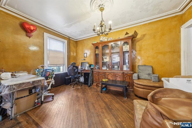 office with wood-type flooring, an inviting chandelier, and ornamental molding