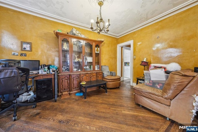 office space with a chandelier, wood finished floors, and ornamental molding