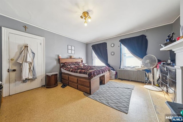 bedroom featuring radiator and ornamental molding