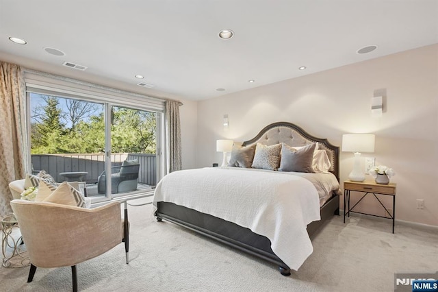 bedroom with light carpet, visible vents, baseboards, access to outside, and recessed lighting