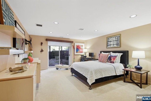 bedroom with access to exterior, recessed lighting, visible vents, and light colored carpet