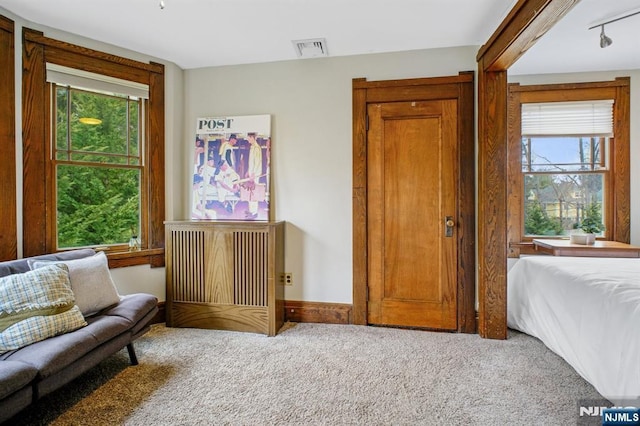 sitting room with track lighting, visible vents, and carpet flooring