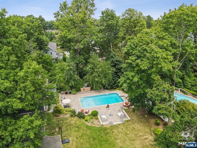 pool with a yard and a patio