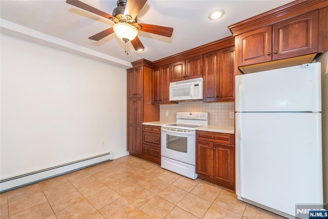 kitchen featuring white appliances, light tile patterned floors, decorative backsplash, light countertops, and baseboard heating