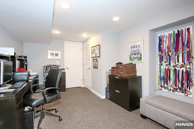 office area featuring baseboards, dark carpet, and recessed lighting