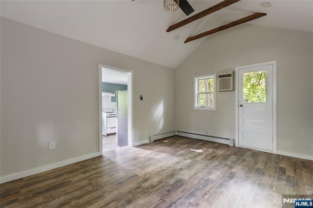 empty room with a baseboard heating unit, wood finished floors, baseboards, beam ceiling, and a wall mounted air conditioner