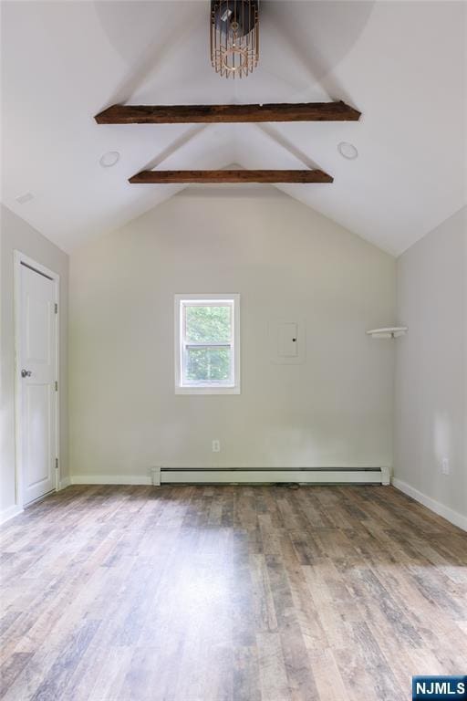 bonus room with lofted ceiling with beams, a baseboard heating unit, wood finished floors, and baseboards