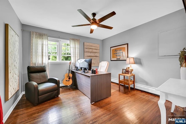 home office with ceiling fan, baseboard heating, wood finished floors, and baseboards