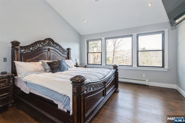 bedroom with a baseboard radiator, recessed lighting, dark wood-type flooring, vaulted ceiling, and baseboards