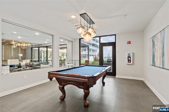 rec room featuring recessed lighting, billiards, a wealth of natural light, and baseboards