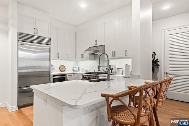 kitchen featuring light stone counters, under cabinet range hood, a peninsula, appliances with stainless steel finishes, and light wood-type flooring