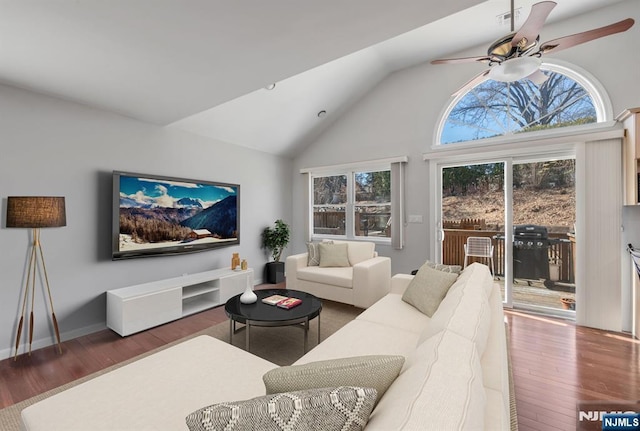 living room featuring high vaulted ceiling, wood finished floors, and ceiling fan