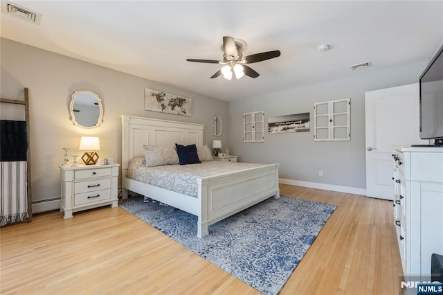 bedroom featuring light wood-style floors, visible vents, ceiling fan, and baseboards