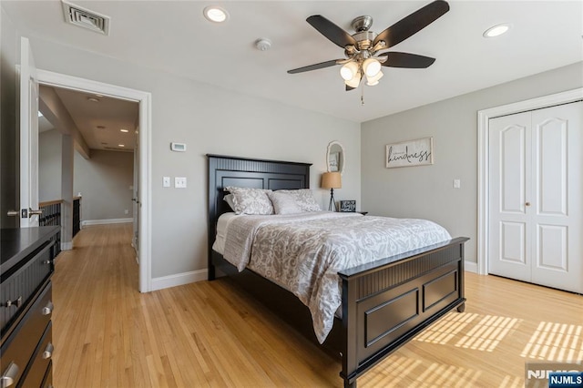 bedroom featuring recessed lighting, visible vents, a ceiling fan, light wood-type flooring, and baseboards