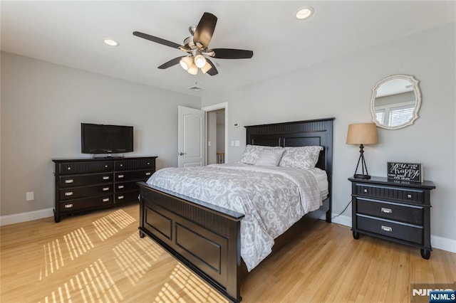 bedroom with recessed lighting, light wood-type flooring, a ceiling fan, and baseboards