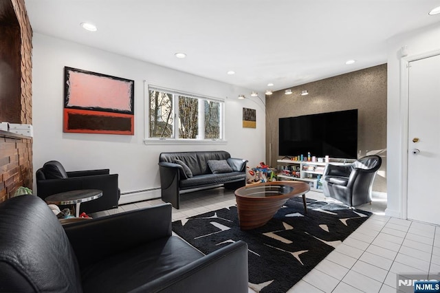 tiled living room with a baseboard heating unit and recessed lighting