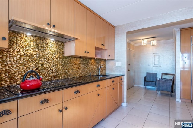 kitchen with under cabinet range hood, a sink, backsplash, dark stone counters, and light tile patterned floors