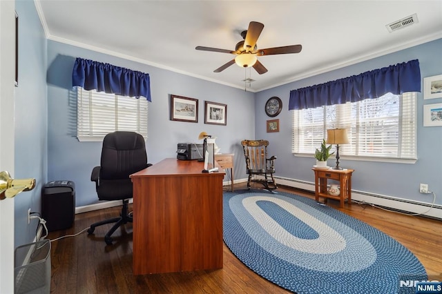 office with visible vents, baseboards, a ceiling fan, wood finished floors, and crown molding